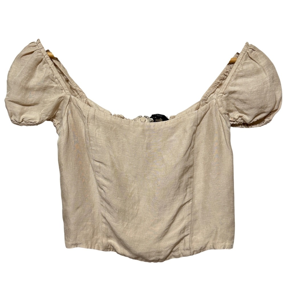 J.Crew Puff Sleeve Crop Top Womens Small‎ Beige Linen Cupro Cottage Festival